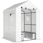 Outsunny Small Greenhouse with Raised Garden Bed, Galvanised Walk-in Greenhouse with Roll Up Windows, 141 x 141 x 190 cm, White