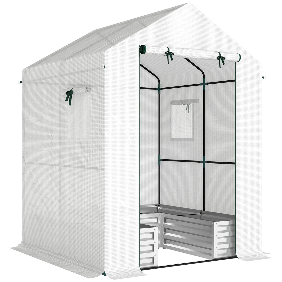 Outsunny Small Greenhouse with Raised Garden Bed, Galvanised Walk-in Greenhouse with Roll Up Windows, 141 x 141 x 190 cm, White