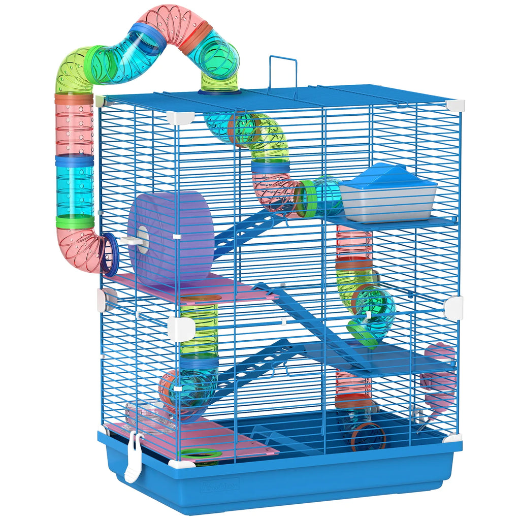 PawHut 5 Tier Hamster Cage Carrier Habitat with Exercise Wheels, Tunnel, Blue