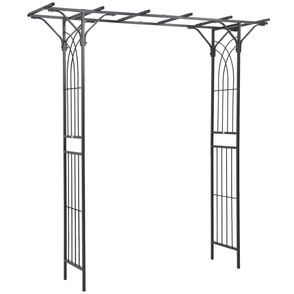 Outsunny 210cm Decorative Metal Garden Trellis Arch with Durable Steel Tubing & Elegant Scrollwork, Great for Weddings, Dark Gre