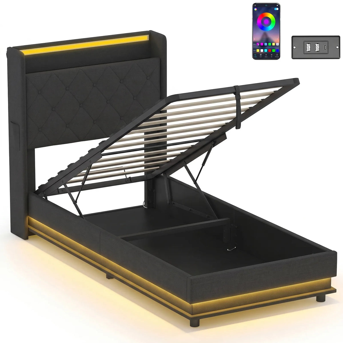 3ft Single Bed Frame with Headboard, Platform Bed Frame with Hydraulic Storage, LED Lights and Charging Station, Black