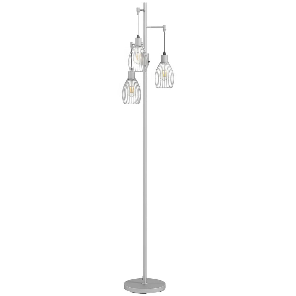 170.5cm Industrial Dimmable Standing Lamp, 3-Light Floor Lamp with Steel Wire Cage Lampshades, Silver Tone