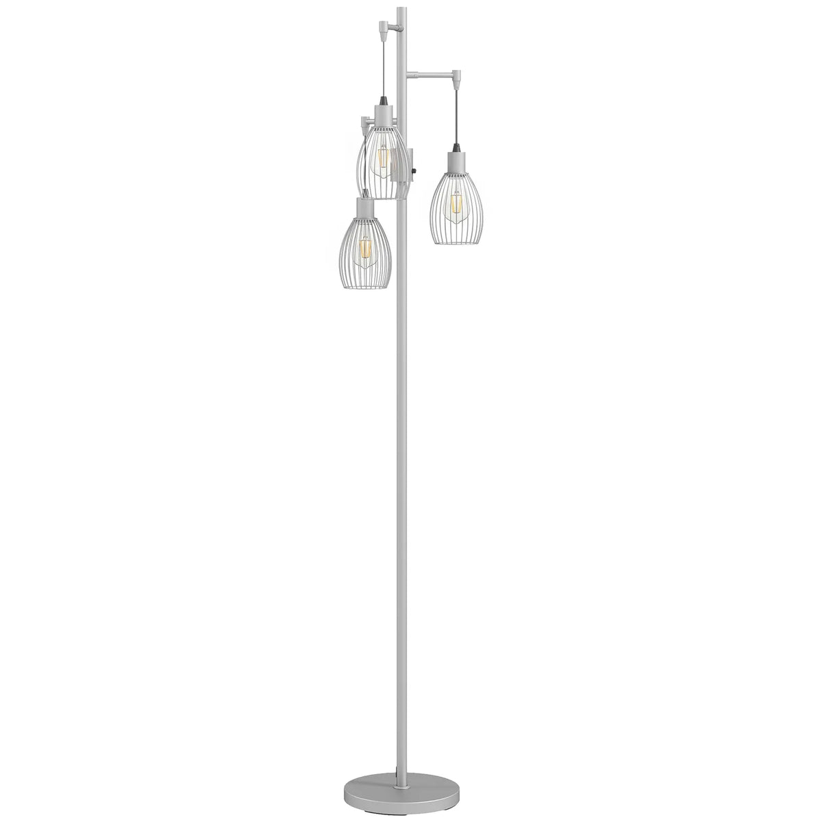 170.5cm Industrial Dimmable Standing Lamp, 3-Light Floor Lamp with Steel Wire Cage Lampshades, Silver Tone