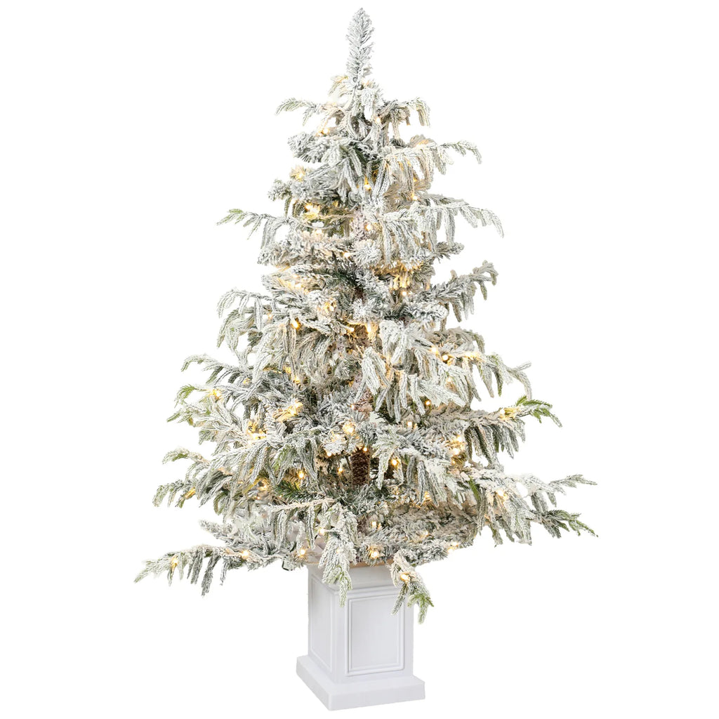 4ft Prelit Flocked Christmas Tree, Artificial Snow Flocked Spruce with 160 Warm White LED Lights, 8 Modes, Green