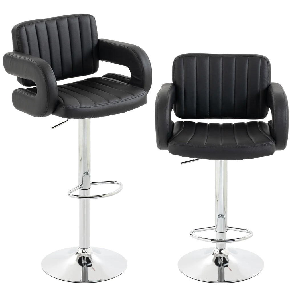 Bar Stools Adjustable Swivel Kitchen Chairs with Backrest Armrest Set of 2 PU Leather Black