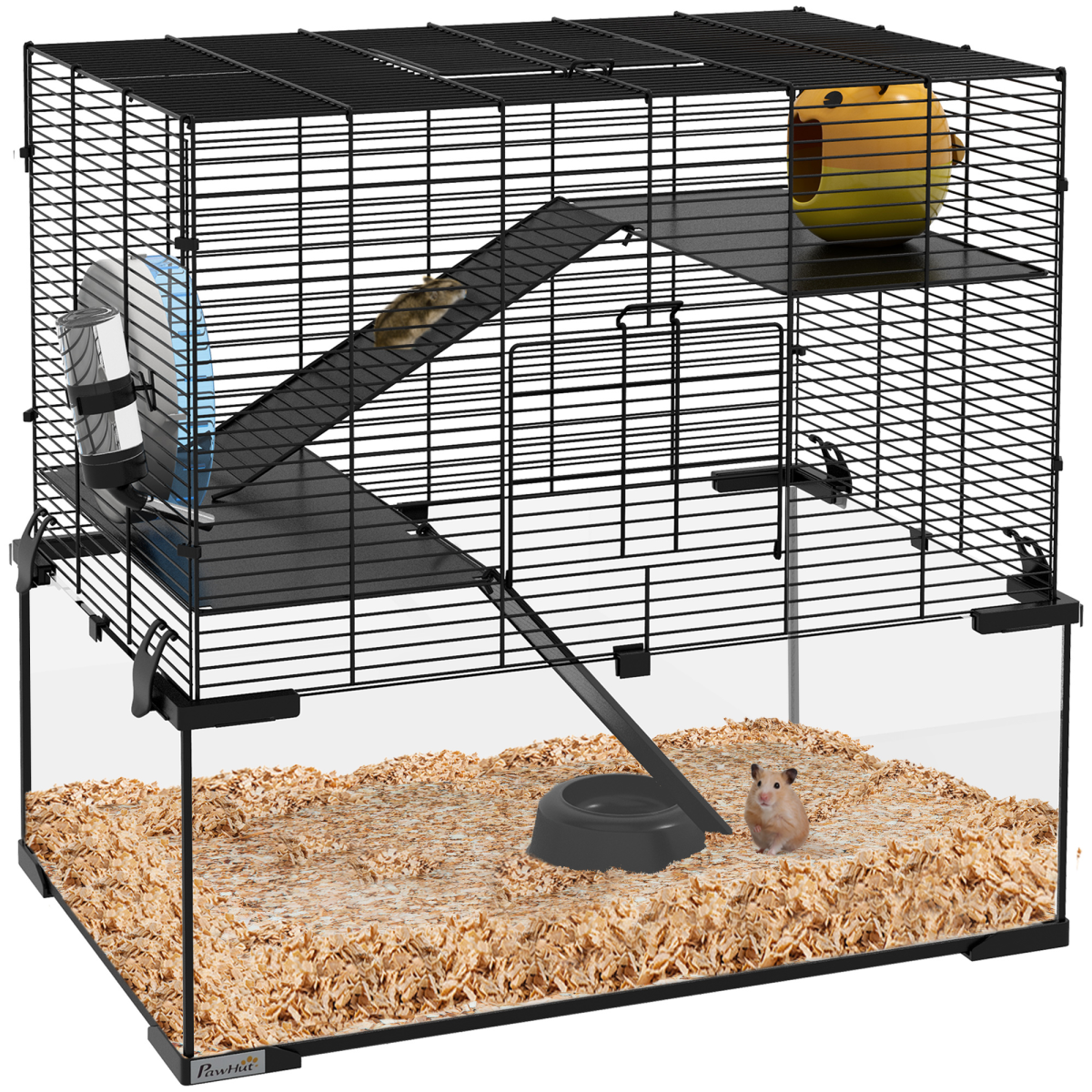 3 Tiers Hamster Cage with Deep Glass Bottom, Dish, Hut, 60 x 40 x 57cm