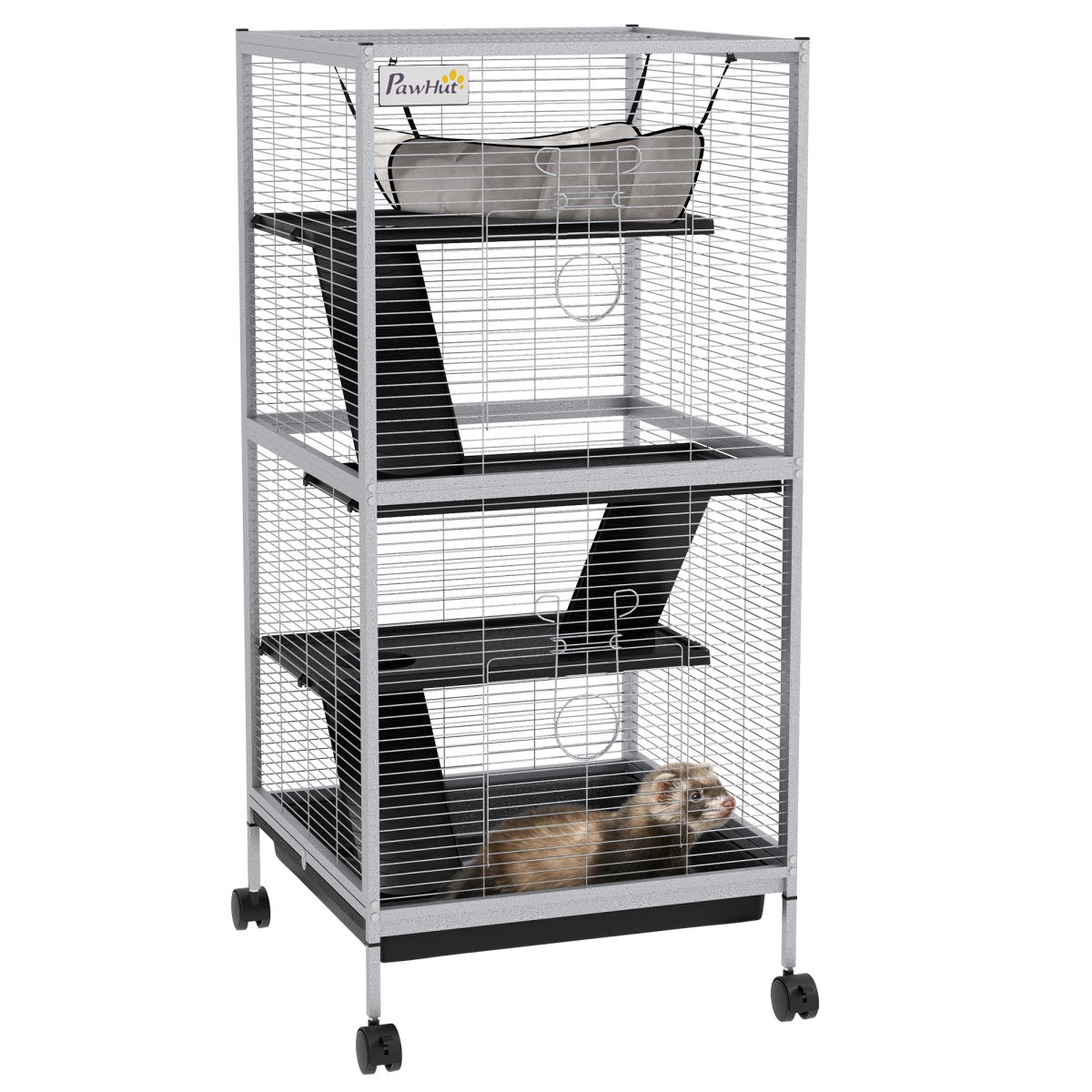 PawHut Rolling Small Animal Cage for Chinchillas Ferrets Kittens with Ramp Grey