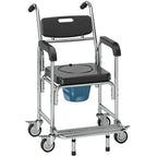 Transport Beside Shower Chair, 3-in-1 Commode Chair with Wheels and Padded Seat, Black