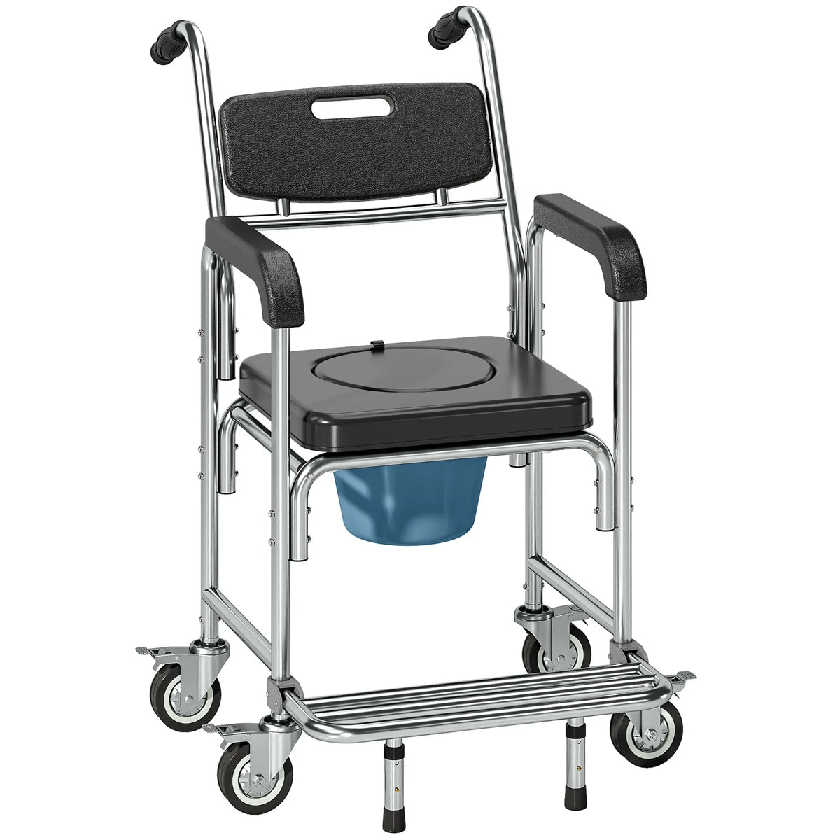 Transport Beside Shower Chair, 3-in-1 Commode Chair with Wheels and Padded Seat, Black