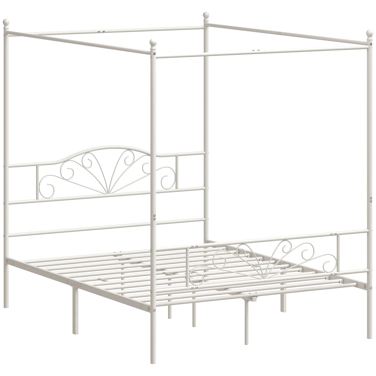 Canopy Bed Frame King Size, Metal Platform Bed Frame with Headboard and Footboard, Underbed Storage, White