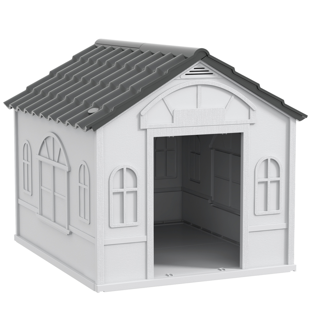 PawHut Weather-Resistant Dog House, Puppy Shelter for Medium Dogs - Grey