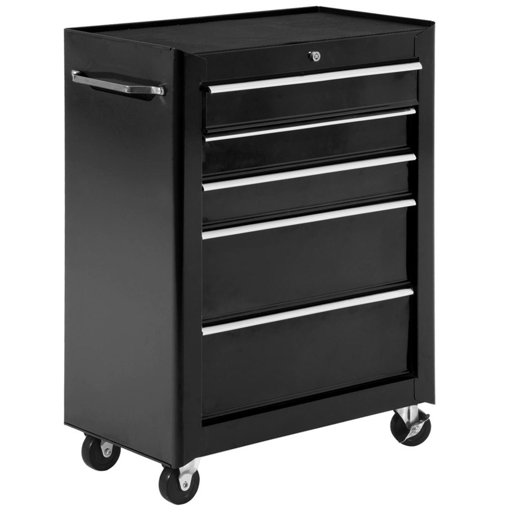 5-Drawer Lockable Steel Tool Storage Cabinet with Wheels Handle 2 Keys Black