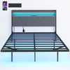 Floating Bed Frame, Upholstered 4ft6 Double Size Bed, Platform Bed with RGB LED Lights and Charging Station, Grey