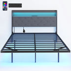 Floating Bed Frame, Upholstered 4ft6 Double Size Bed, Platform Bed with RGB LED Lights and Charging Station, Grey
