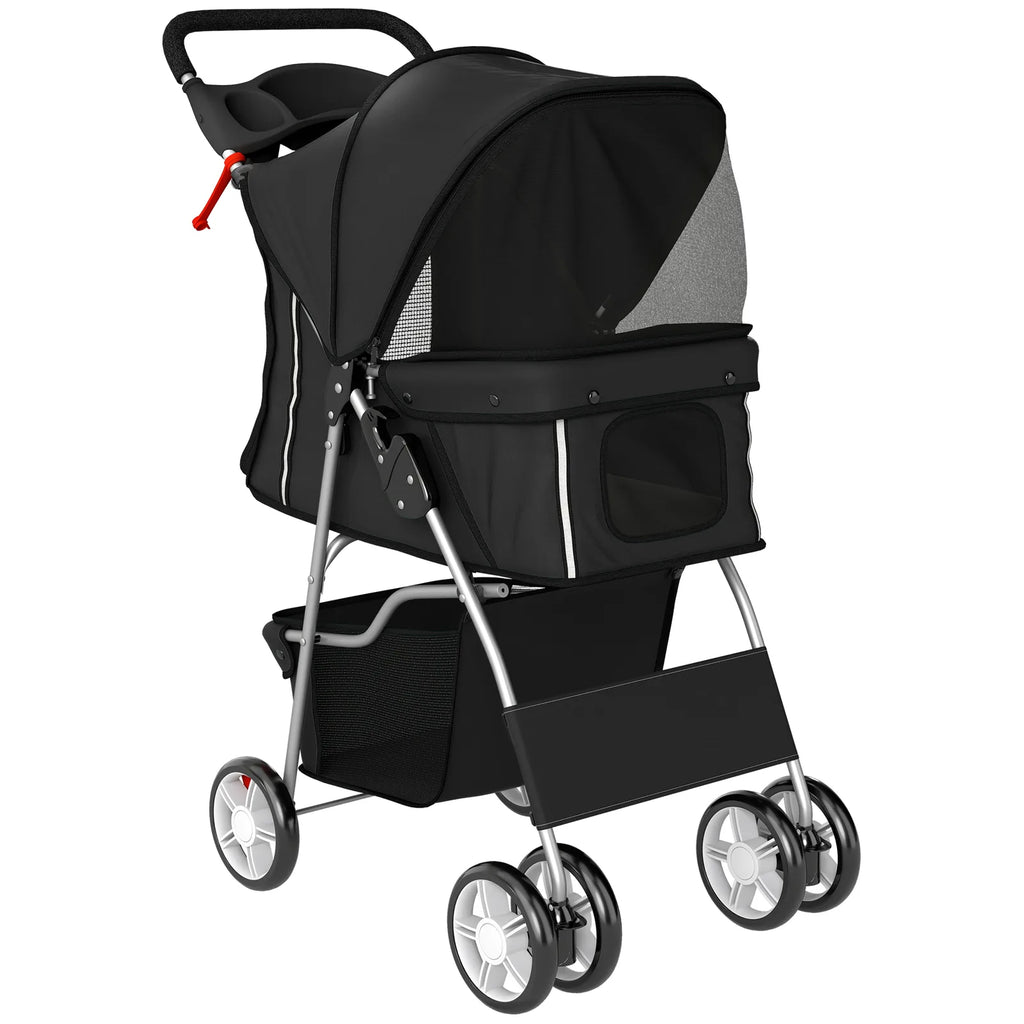 PawHut Dog Pram, Pet Stroller with Reflective Strips, Foldable Cat Stroller with 360° Swivel Wheels, Black