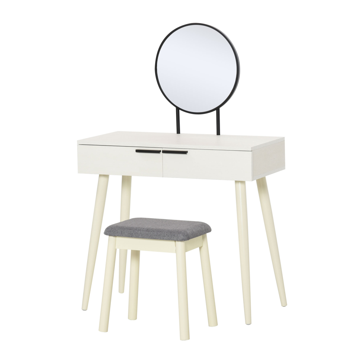 Dressing Table Vanity Set Makeup Desk with Round Mirror Cushioned Stool White