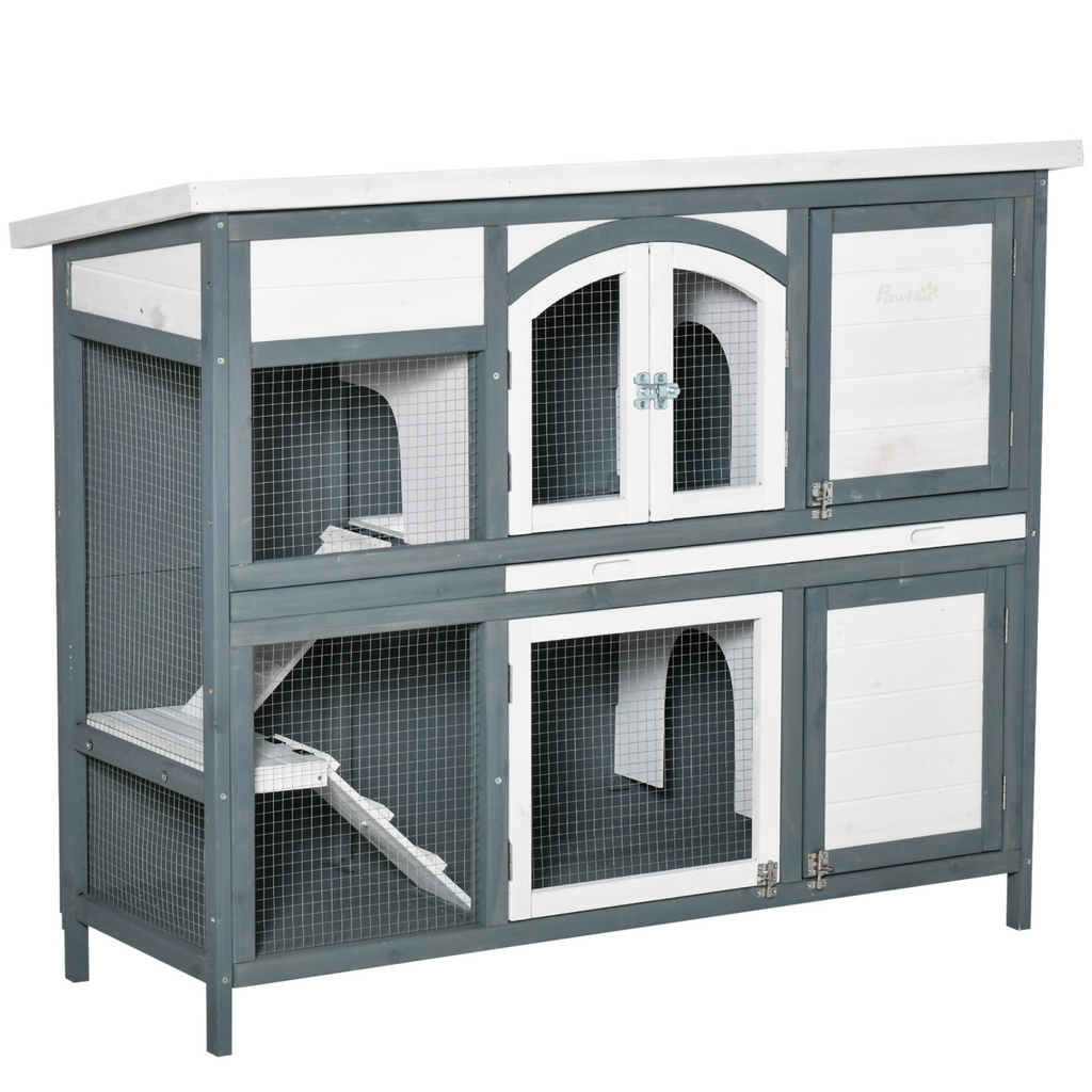 Two-Tier Wooden Rabbit Hutch Bunny Run with Openable Roof, Slide-Out Tray, Ramp