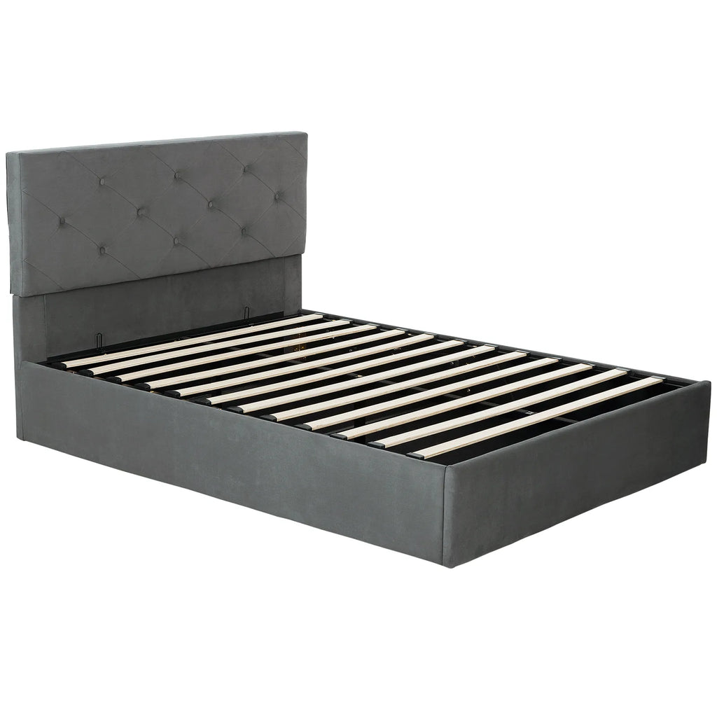 Double Bed Frame Gas End Lift Under Bed Storage Upholstered Platform Bed Tufted Headboard for 140 x 190 cm Mattress