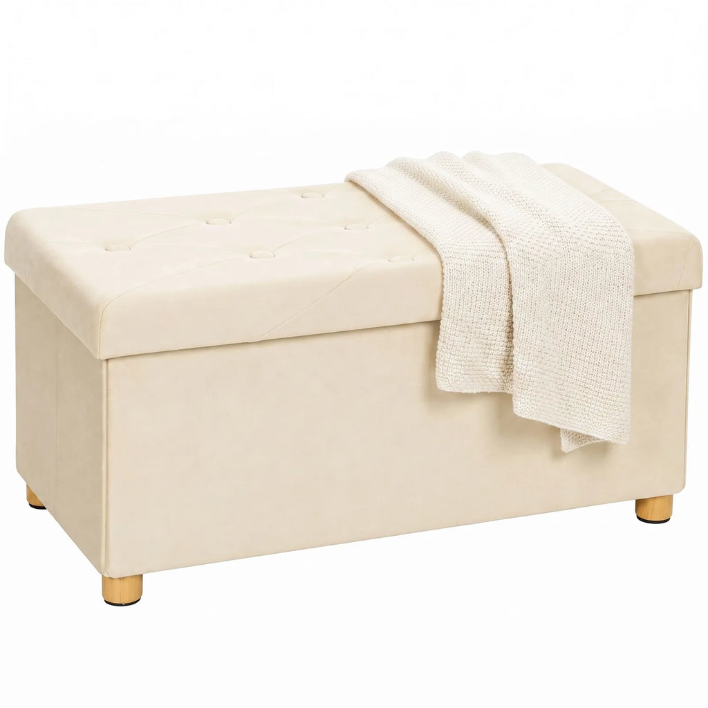 Velvet Upholstered Foldable Ottoman Footrest, Storage Ottoman Bench with Wood Legs for Living Room, Cream White