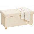 Velvet Upholstered Foldable Ottoman Footrest, Storage Ottoman Bench with Wood Legs for Living Room, Cream White