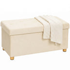 Velvet Upholstered Foldable Ottoman Footrest, Storage Ottoman Bench with Wood Legs for Living Room, Cream White