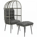 Outsunny Garden Egg Chair with Footstool, Rattan Indoor Outdoor Lounge Chair and Ottoman Set with Thick Cushions, Light Grey