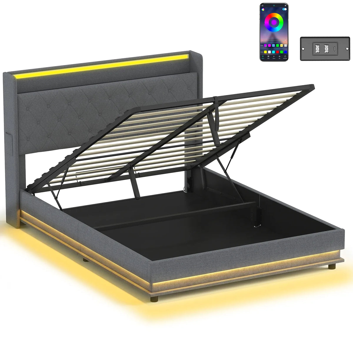 5ft King Bed Frame with Headboard, Platform Bed Frame with Hydraulic Storage, LED Lights and Charging Station, Grey
