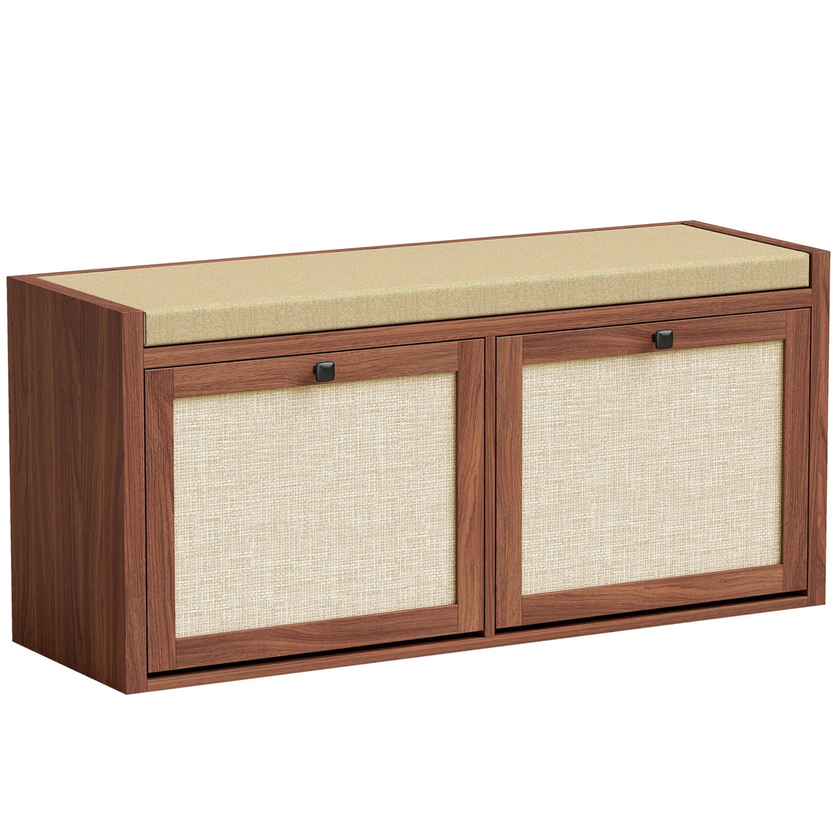 Rattan Shoe Bench with Padded Cushion and 2 Cabinets for Hidden Storage, Brown