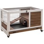 PawHut Wood Indoor Rabbit Hutch Elevated 2-Floor Guineas Pigs Cage with Wheels and with openable Roof