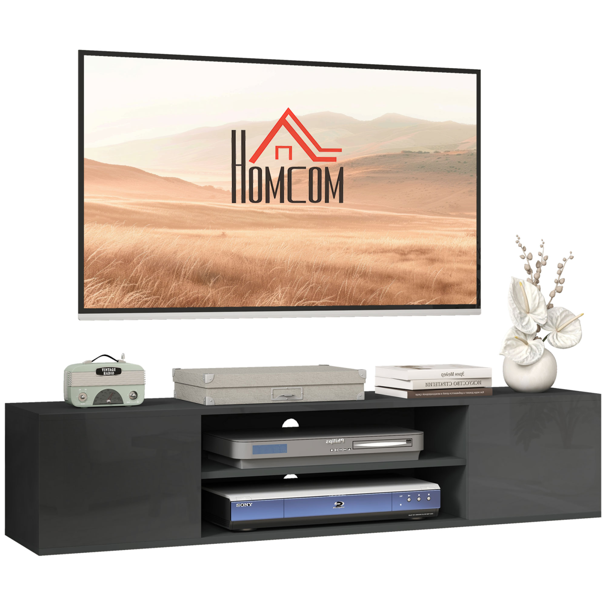 Floating TV Unit for 60" TVs W/ Shelves and Cabinets, Grey