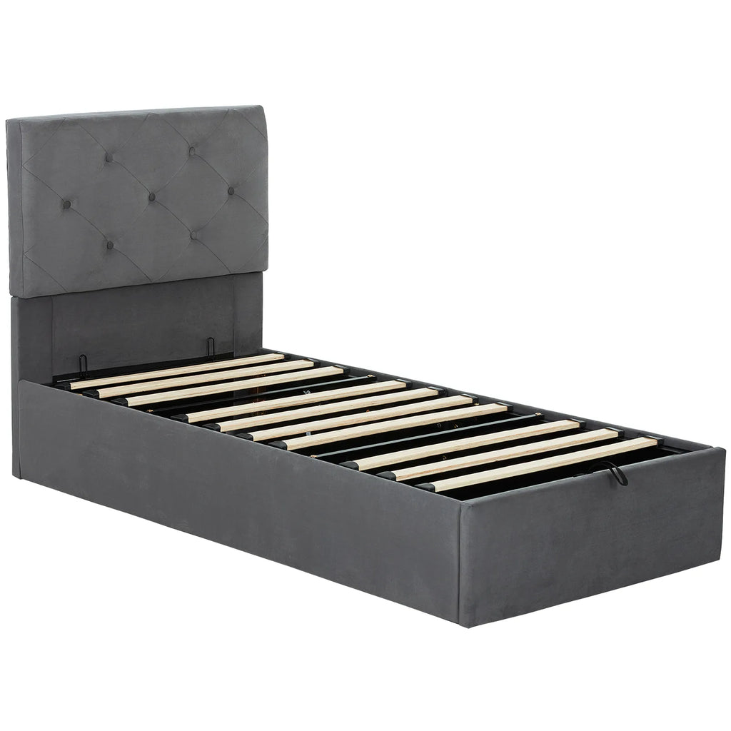 Single Bed Frame Gas End Lift Under Bed Storage Upholstered Platform Bed Tufted Headboard for 90 x 190 cm Mattress