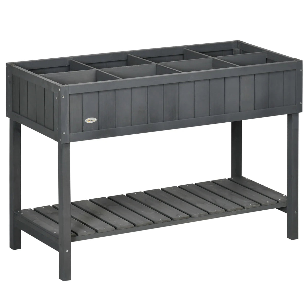 Outsunny Fir Wood Raised Rectangular 8 Compartment Plant Stand Dark Grey