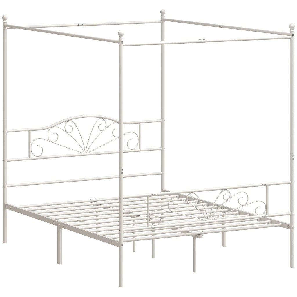 Canopy Bed Frame Double Size, Metal Platform Bed Frame with Headboard and Footboard, Underbed Storage, White