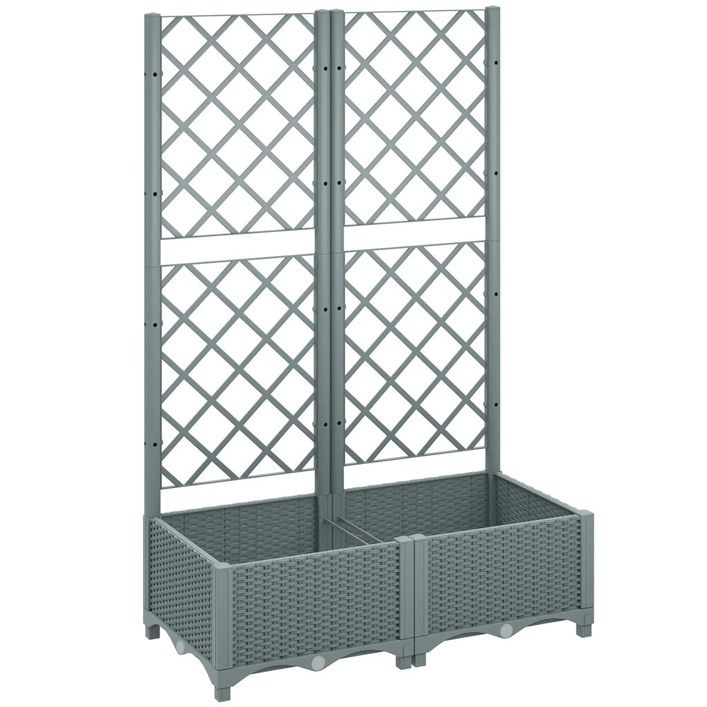 Outsunny Raised Garden Bed with Trellis, Plastic Planter Box with Drainage Holes, Drain Plugs and Water Reservoirs for Climbing Plants, Vegetables, Flowers, Grey