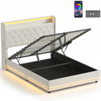 4ft6 Double Bed Frame with Headboard, Platform Bed Frame with Hydraulic Storage, LED Lights and Charging Station, Cream
