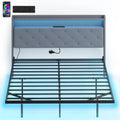Floating Bed Frame, Upholstered 5ft King Size Bed, Platform Bed with RGB LED Lights and Charging Station, Grey