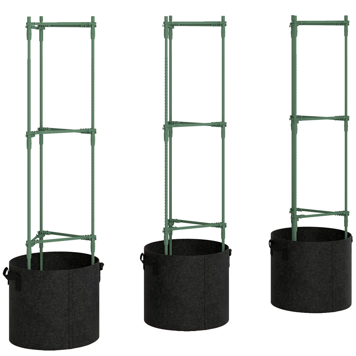 Outsunny 3 Packs Tomato Cages with 83.7L Grow Bags, 120cm Adjutstable Triangle Plant Stakes Support Trellis with Planter Bags