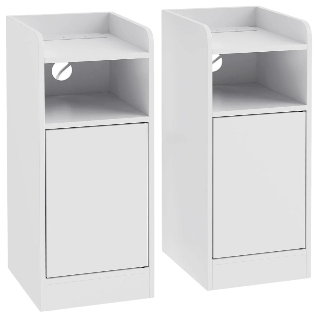 Slim Bedside Table Set of 2 with Charging Station, Narrow Bedside Cabinet with Adjustable Shelf, White