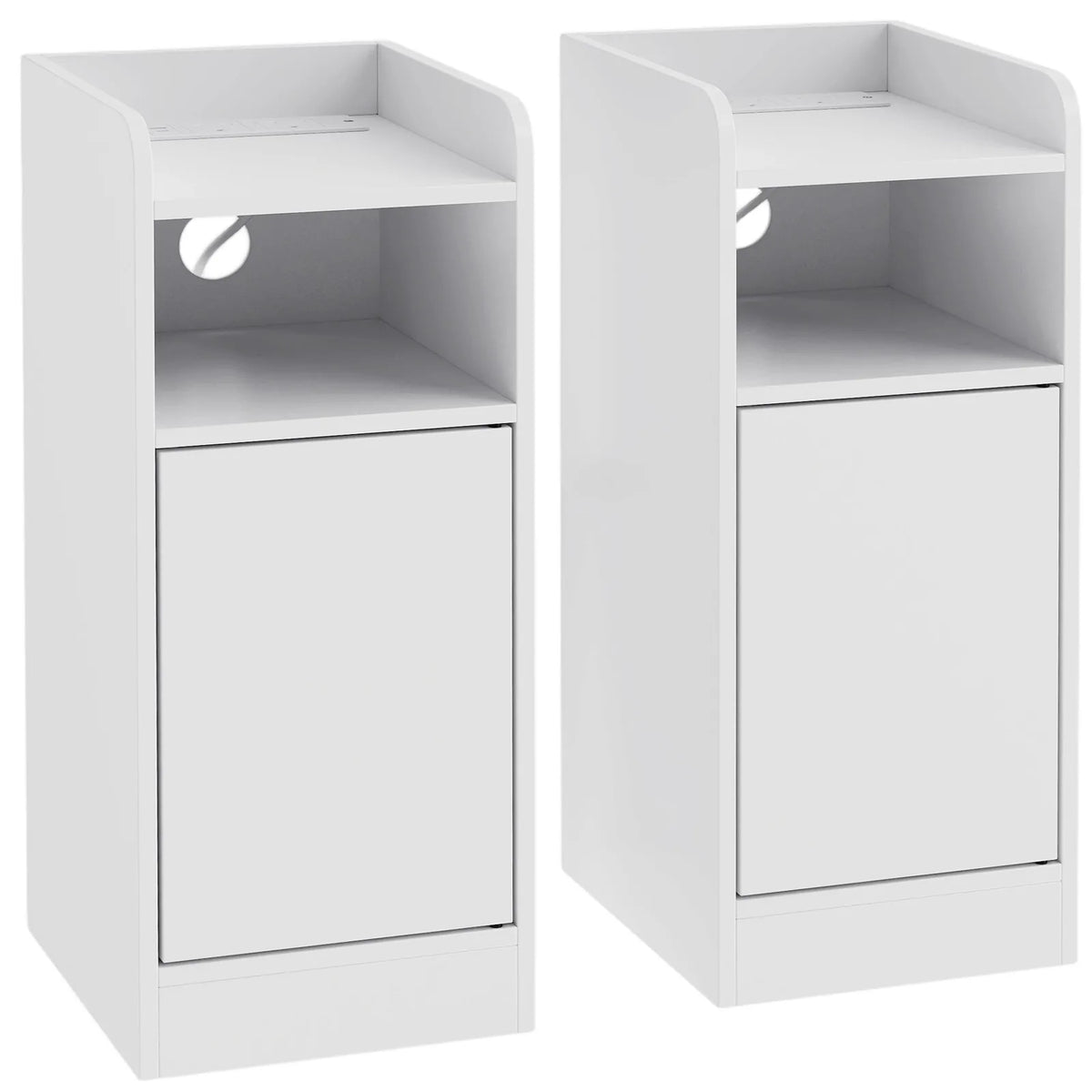 Slim Bedside Table Set of 2 with Charging Station, Narrow Bedside Cabinet with Adjustable Shelf, White
