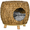 Rattan Cat House Stool, Wicker Kitten Bed for Outdoors and Indoors w/ Cushion