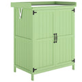 Outsunny Wooden Garden Shed, Garden Tool Storage Shed with Hinged Roof and Shelf, Outdoor Storage Cabinet with Double Doors, Light Green