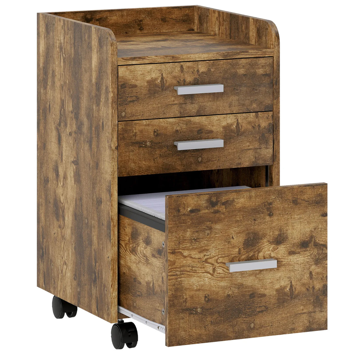 3 Drawer Filing Cabinet, Rolling File Cabinet with Edged Top for Letter, A4 Size, Hanging File Folders, Rustic Brown