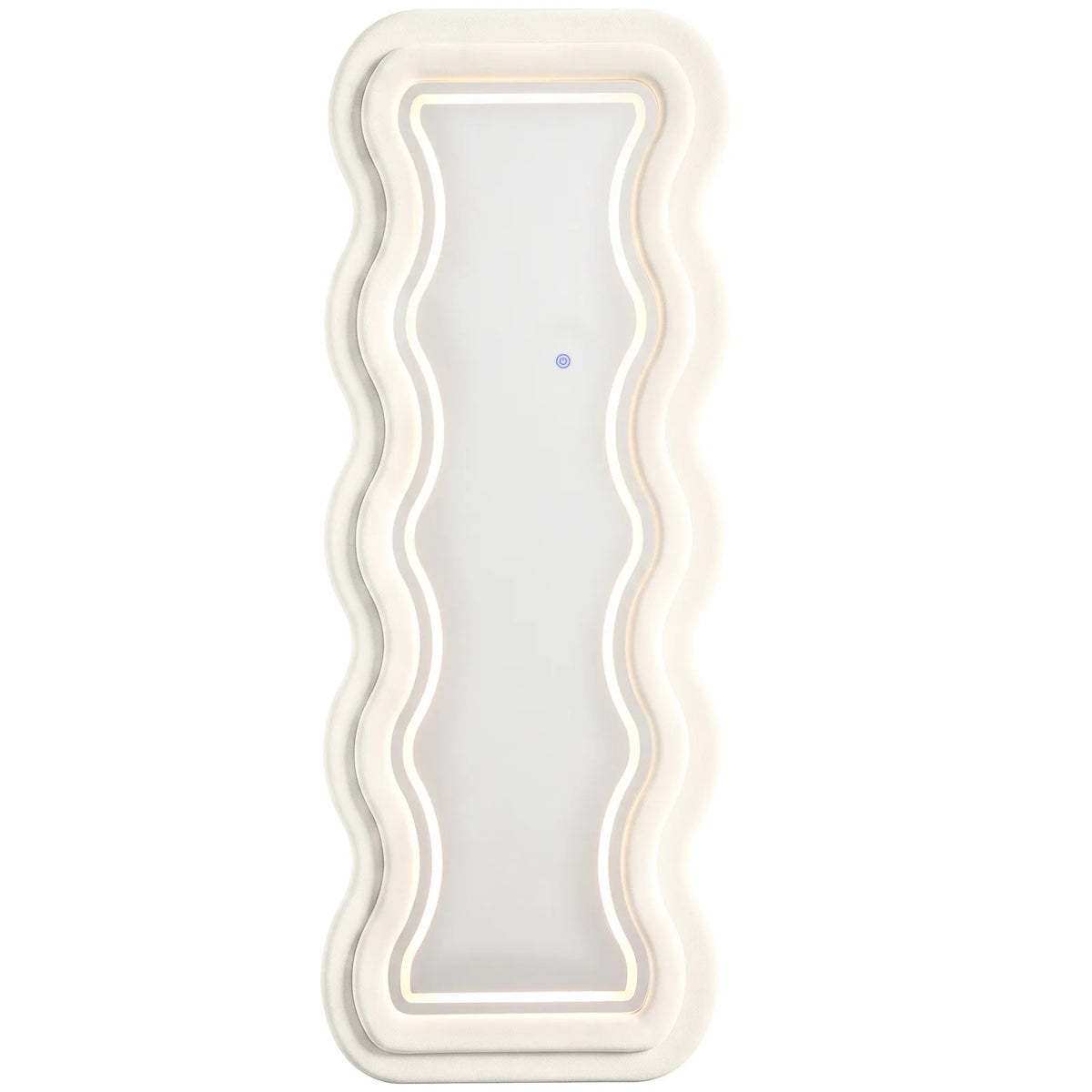 Full Length Mirror, 160 x 60 cm Wavy Full Body Wall Standing Mirror with Velvet Frame and LED Light Strip, Cream White