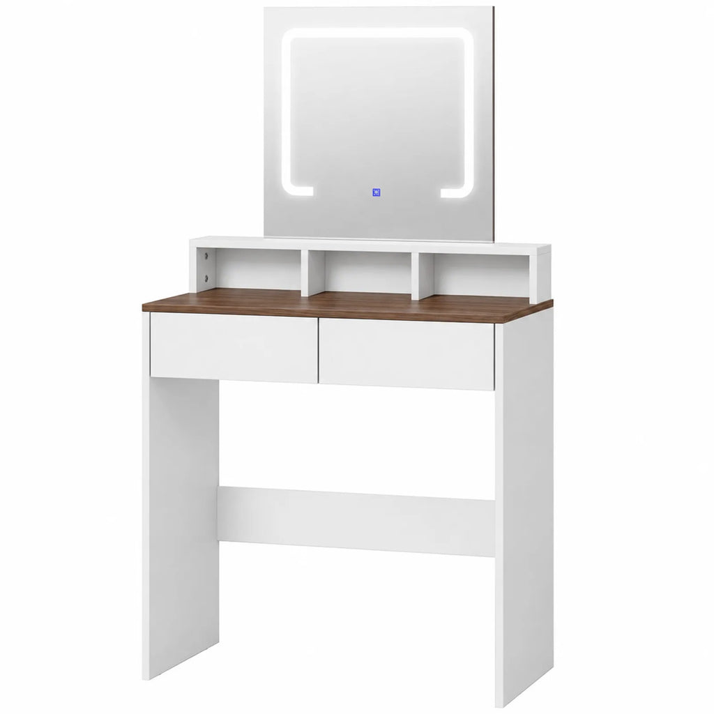 Vanity Table, Dressing Table with Mirror, LED Lights, 2 Drawers, 3 Compartments, 3 Colour Lighting, Walnut