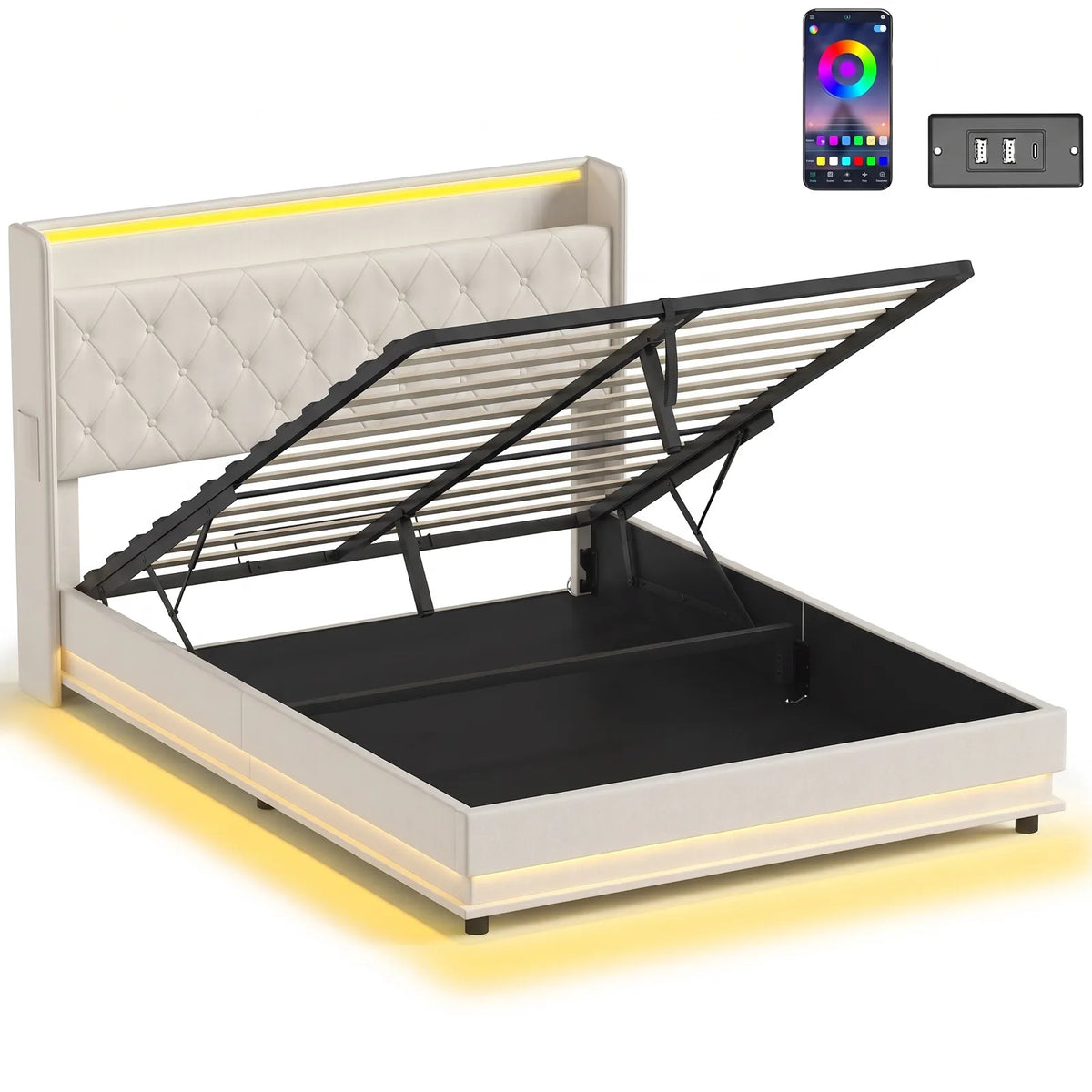 5ft King Bed Frame with Headboard, Platform Bed Frame with Hydraulic Storage, LED Lights and Charging Station, White